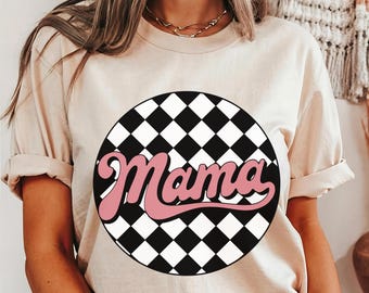 Mama Shirt Retro Racing Checkered Mom Tee,Dusty Pink Mama TShirt,Gift for Mom,Retro Mama Tee, Mother's Day Gift,Varsity Race Car Theme Shirt