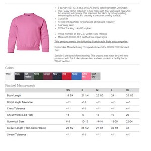 May include: Pink Gildan Heavy Blend youth sweatshirt. Features a classic fit, made with a cotton/polyester blend. Available in sizes XS to XL, with body lengths ranging from 19 3/4 to 25 1/2 inches.