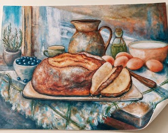 Bread Still Life Giclee Print on Cotton Paper, Rustic Kitchen Wall Art, Unframed