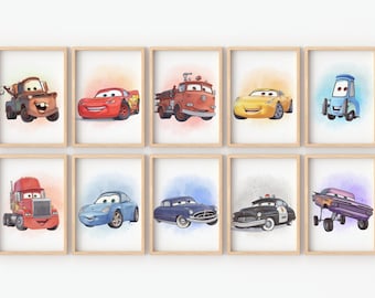 Láminas decorativas de coches para pared - Set de 10 / Decoración imprimible para habitación infantil / Láminas de coches de carreras de dibujos animados para guardería / Ilustraciones en acuarela / Habitación de niños / Descarga instantánea