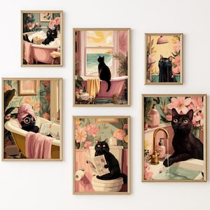 May include: A set of five framed wall art prints featuring black cats in a bathroom setting. The illustrations depict cats in bathtubs, using a shower, and sitting on a toilet, surrounded by pink floral patterns and gold-toned bathroom fixtures.