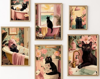 Funny Black Cat Bathroom Wall Art Set of 7 | Vintage Pink Bathroom Decor | Cute Cat Printable Gallery | DIGITAL DOWNLOAD
