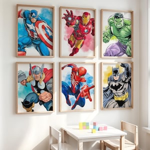 Juego de 6 cuadros de superhéroes para dormitorio infantil, guardería y sala de juegos. Descarga digital. imagen 1