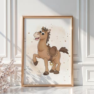 May include: A framed cartoon illustration of a brown horse with a saddle. The horse is depicted with a friendly expression, one leg raised, and a brown tail. The background has a light brown watercolor effect with brown speckles.
