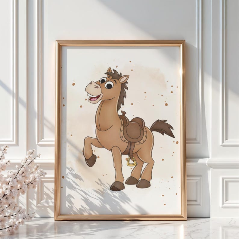 May include: A framed cartoon illustration of a brown horse with a saddle. The horse is depicted with a friendly expression, one leg raised, and a brown tail. The background has a light brown watercolor effect with brown speckles.