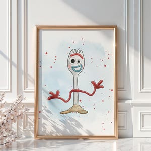 May include: A framed print featuring a cartoon character resembling a spork. The character has a white body, a red arm, and a smiling face with blue and white details. Red paint splatters and a blue watercolor background complete the design.