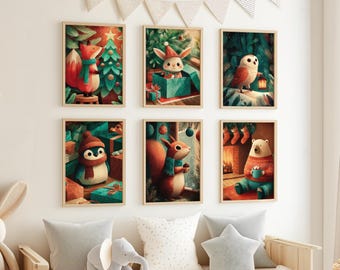 Christmas Nordic Animals Wall Art Set of 6 - Cute Woodland Winter Forest Animals - Printable Art
