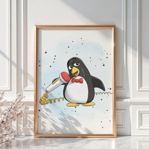 May include: A framed illustration of a cartoon penguin singing into a microphone. The penguin is black and white with a red bow tie and a yellow beak and feet. The microphone is white with a red top and a yellow cord.