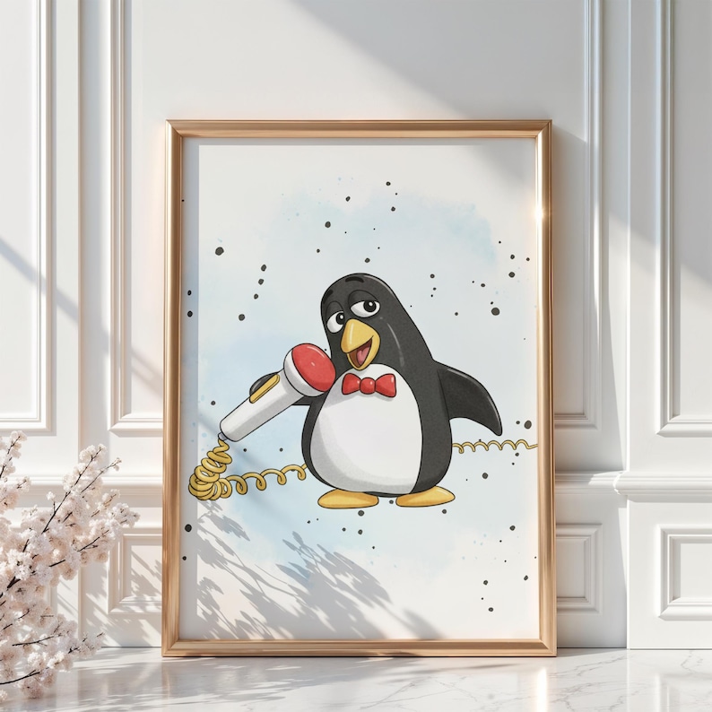 May include: A framed illustration of a cartoon penguin singing into a microphone. The penguin is black and white with a red bow tie and a yellow beak and feet. The microphone is white with a red top and a yellow cord.
