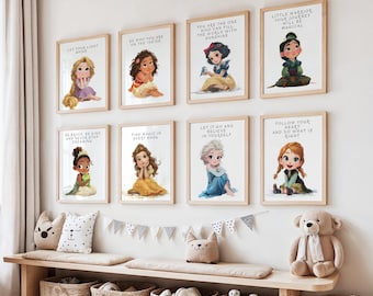 Juego de 9 impresiones de pared con citas de princesas en acuarela: impresiones positivas para habitaciones infantiles, arte estético de cuentos de hadas, decoración para niñas / Descarga digital
