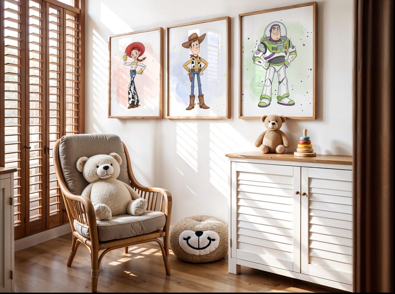 May include: Three framed prints of Toy Story characters, including Woody, Jessie, and Buzz Lightyear, hang on a white wall. A teddy bear sits on a white cabinet with a wooden top. A wicker chair with a teddy bear and a round ottoman are in the foreground.