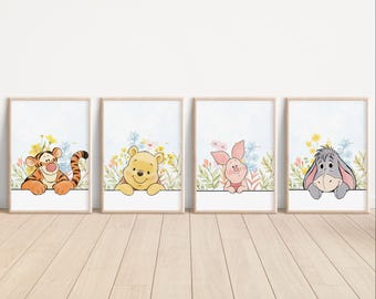 Set of 4 Winnie the Pooh Wall Art | Nursery Wall Art Decorations| Gift | Baby Shower | Instant Download