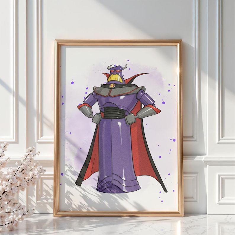 May include: Framed art print featuring a cartoon illustration of Zurg from Toy Story. The character is depicted in a purple and black outfit with a red cape, standing with hands on hips against a purple watercolor background. The artwork is framed in a gold-colored frame.