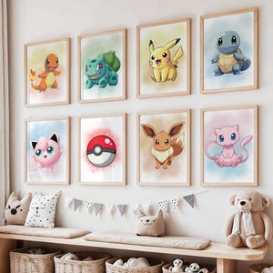 May include: Nine framed watercolor prints featuring popular cartoon characters. The prints include a variety of characters in vibrant colors, set against soft pastel backgrounds. The frames are a light wood color, and the overall theme is playful and whimsical.
