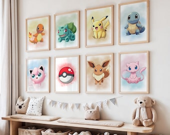 Set of 8 + 2 Bonus Pokemon Wall Art | Cute Monster Creature Nursery Prints | Kids Room Posters | Gamer Decor | Digital Download