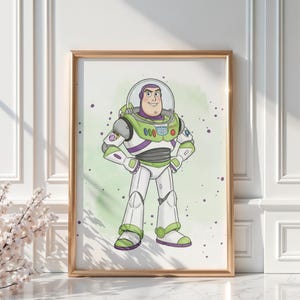 May include: A framed print featuring Buzz Lightyear from Toy Story. The character is depicted in his signature white, green, and purple spacesuit, with a clear helmet. The artwork has a watercolor-style background with green and purple splatters.