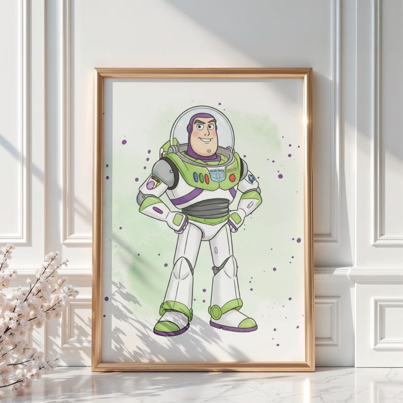May include: A framed print featuring Buzz Lightyear from Toy Story. The character is depicted in his signature white, green, and purple spacesuit, with a clear helmet. The artwork has a watercolor-style background with green and purple splatters.