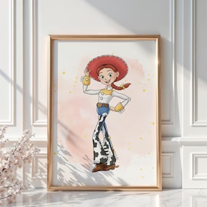 May include: Framed illustration of Jessie from Toy Story. The artwork features Jessie in her signature cowgirl outfit, including a red hat, white shirt with yellow accents, blue jeans with a cow print, and brown boots. The background has a soft pink and yellow watercolor effect.