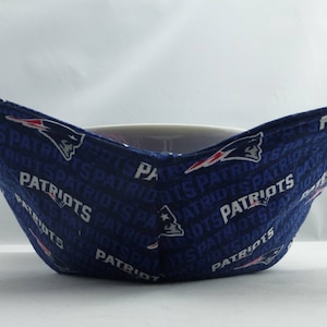 Set of 2 New England Patriots football fabric Handmade Microwave Bowl Pot Holder Cozy for hot or cold foods Sewn by Shannon