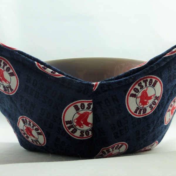 Set of 2 Boston Red Sox baseball fabric Handmade Microwave Bowl Pot Holder Cozy for hot or cold foods Sewn by Shannon