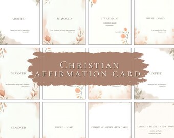 Könnte beinhalten: Ein Satz christlicher Affirmationskarten mit Aquarelldesign. Jede Karte enthält eine andere Affirmation und einen Bibelvers. Die Karten haben eine weiche, neutrale Farbpalette mit floralen Akzenten und dem Text "Christian Affirmation Card".