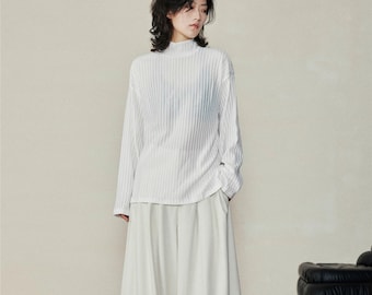Minimal High-Neck Long Sleeve Top / Ribbed Texture / Unisex Layering Essential