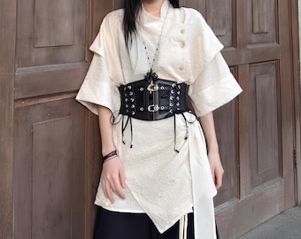 Layered Kimono Sleeve Shirt / Wrap Avant-Garde Top with Waist Belt / Unisex Loose Fit