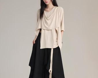 Asymmetric Layered Short Sleeve Shirt / Draped Avant-Garde Top / Unisex Loose Fit