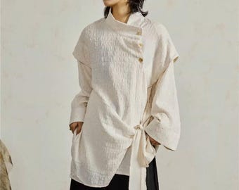 Asymmetric Avant-Garde Wrap Shirt / Minimalist Artisanal Tunic / Unisex Long Sleeve Top