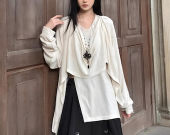 Veiled Asymmetry Long-Sleeve Top / Deconstructed Draped Silhouette / Unisex