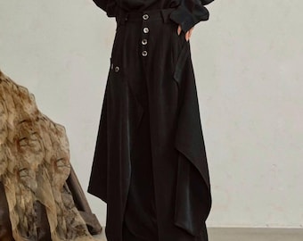Asymmetric Layered Wide Pants / Avant-Garde Draped Skirt-Trousers / Unisex Black Silhouette