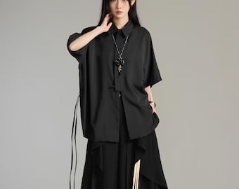 Asymmetric Short Sleeve Tie Shirt / Draped Avant-Garde Top / Unisex Loose Fit