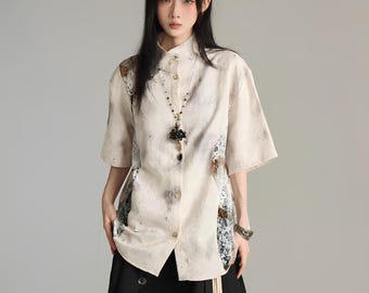 Porcelain Trace Mandarin Shirt / Short-Sleeve Structured Ease / Unisex