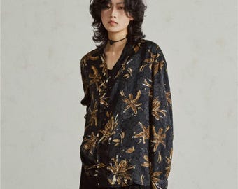 Textured Jacquard Long Sleeve Shirt / Avant-Garde Floral Pattern Shirt / Unisex Relaxed Fit