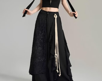 Asymmetric Layered Wide-Leg Trousers / High-Waist Draped Pants / Unisex Loose Fit
