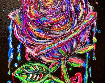 Wild Rose — Original Mixed Media Painting — Neon Floral Art — Black Canvas — Fluorescent Drip Style — Modern Wall Art