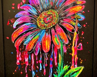 Dripsy Daisy – Neon Drip Flower Painting on Black Paper | Original Colorful Floral Art | Pop Art Wall Decor