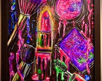 Electric Glam – Original Neon Makeup Painting | Fluorescent Drip Art | Black Background Beauty Artwork | Bold Glam Wall Art