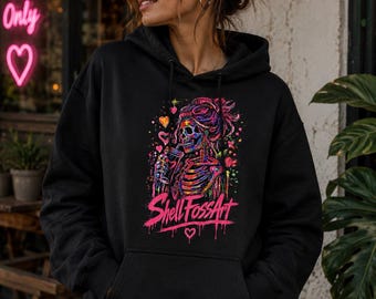 Neon Skeleton Coffee Hoodie | Gothic Coffee Lover Sweatshirt | Original ShellFossArt Artwork