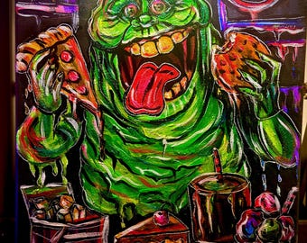 Los antojos de medianoche / Pintura original con luz negra / Arte de monstruos verde neón / Decoración de pared de terror espeluznante y adorable que reacciona a los rayos UV