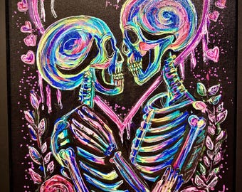 Skelett Liebhaber Gemälde – Gothic Neon Kunst, Dark Romance Wanddekor, Original Mixed Media