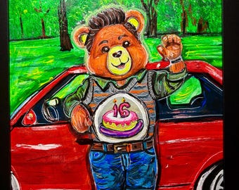 Original 80s Inspired Teddy Bear Painting – Retro Nostalgic Art