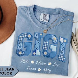 Custom Gigi shirt with fake Comfort Colors® patches for grandma with grandkids, custom Mimi T-shirt, gift for Gigi, Nana, Mother's Day gift