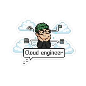 Peut inclure: Autocollant avec une illustration pixélisée d'une personne portant des lunettes et un bonnet vert, se reposant le menton sur les mains. Le texte "Cloud engineer" est dans une bulle de pensée. Le fond comprend des nuages et des icônes de serveur.