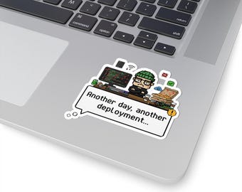 Funny Programmer Sticker "Another day another deployment" Pixel Art Laptop Decal, Coding Gift, DevOps sticker, laptop sticker