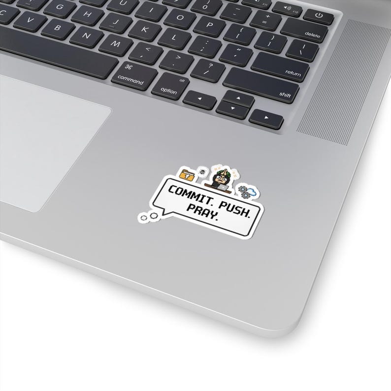 Funny Programmer Sticker "Commit. Push. Pray." Pixel Art Laptop Decal, Coding Gift, Commit push pray, IT hummor, DevOps image 5