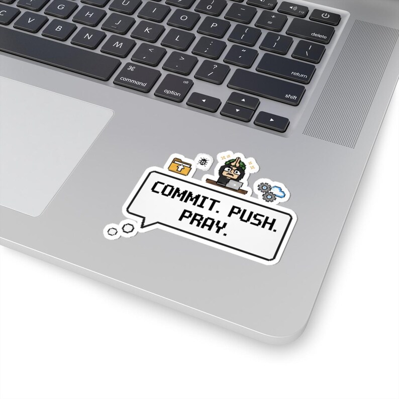 Funny Programmer Sticker "Commit. Push. Pray." Pixel Art Laptop Decal, Coding Gift, Commit push pray, IT hummor, DevOps image 3