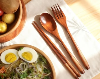 Handmade Wooden Chopsticks Set with Spoon & Fork – Chinese Reusable Cutlery, Eco-Friendly Asian Tableware for Gifting or Daily Use