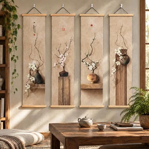 Op de afbeelding: Vier verticale wandkleden met lichtbeige getextureerde achtergronden, houten boven- en onderlatten en illustraties van bloeiende takken in vazen. Elk paneel toont unieke bloemstukken met witte of roze bloesems op donkere takken.