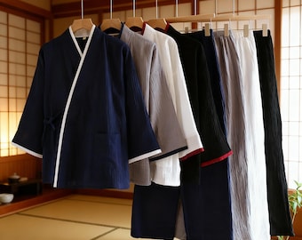 Japanese Cotton Kimono Pajama Set for Men - Lightweight Yukata Sleepwear Robe, Zen Loungewear for Meditation, Spa or Gift for Him